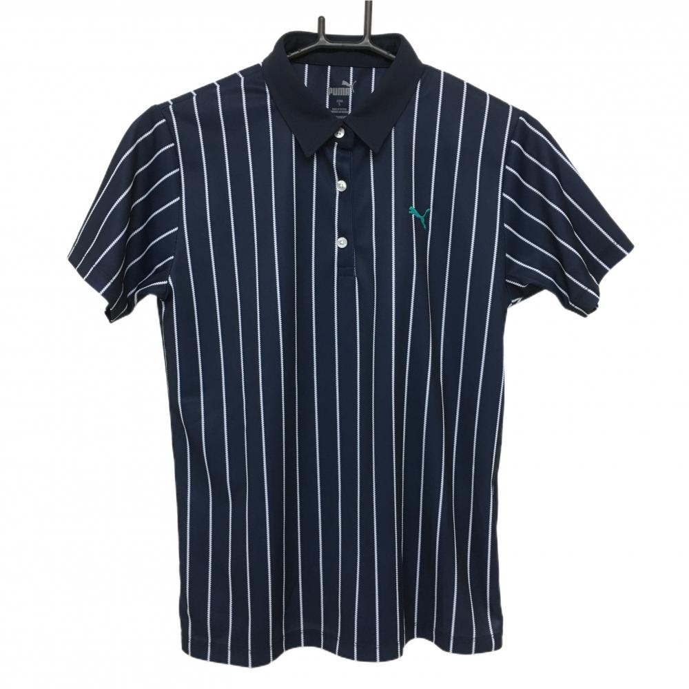 【超美品】プーマ 半袖ポロシャツ ネイビー×白 ストライプ ロゴ刺しゅう レディース L ゴルフウェア PUMA