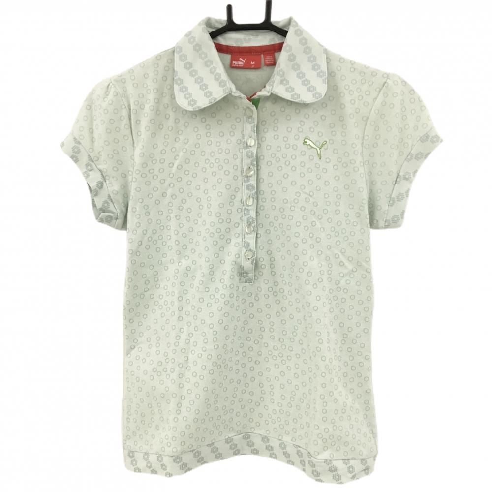 【美品】プーマ 半袖ポロシャツ ミントグリーン×ライトグリーン 総柄 ロゴ刺しゅう レディース M ゴルフウェア PUMA