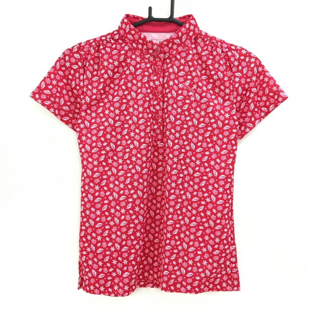 【超美品】プーマ 半袖ポロシャツ レッドピンク×白 総柄 貝 花 胸元ロゴ レディース M ゴルフウェア PUMA