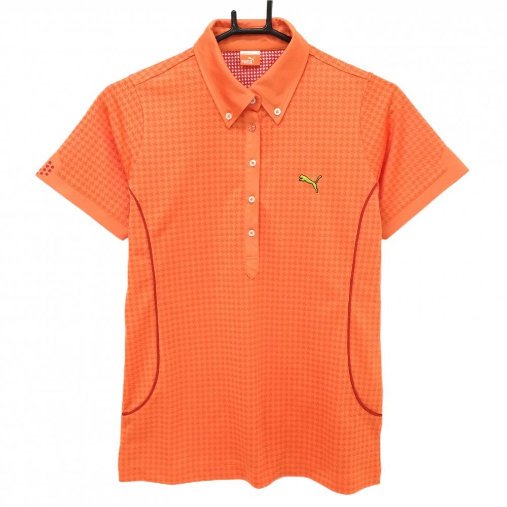 【超美品】プーマ 半袖ポロシャツ オレンジ 千鳥格子柄 織生地 ロゴ刺しゅう  レディース O ゴルフウェア PUMA
