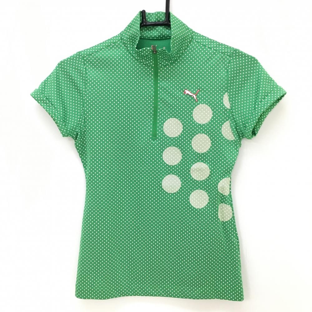 【超美品】プーマ 半袖ポロシャツ グリーン×白 ピンドット ハーフジップ  レディース S ゴルフウェア PUMA
