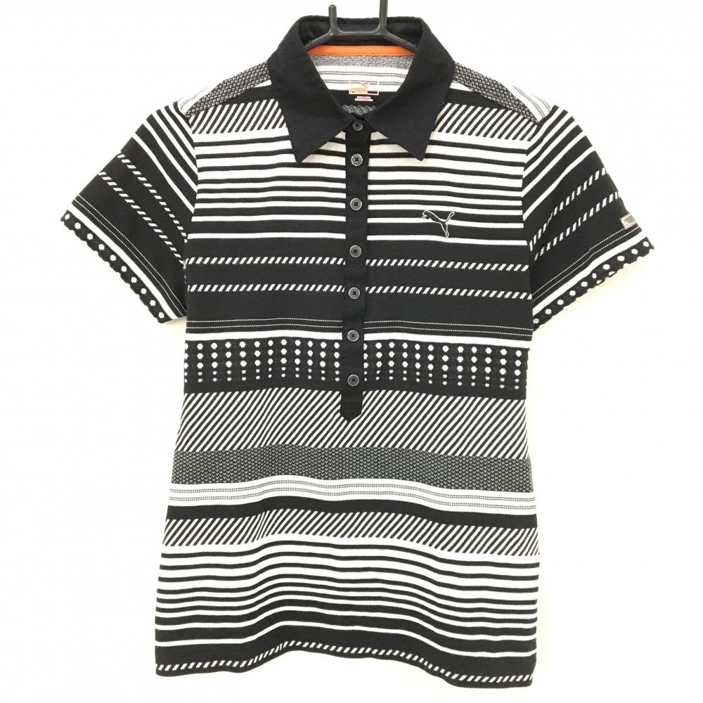 【美品】プーマ 半袖ポロシャツ 黒×白 ランダムボーダー ロゴ刺しゅう レディース O(XL) ゴルフウェア PUMA