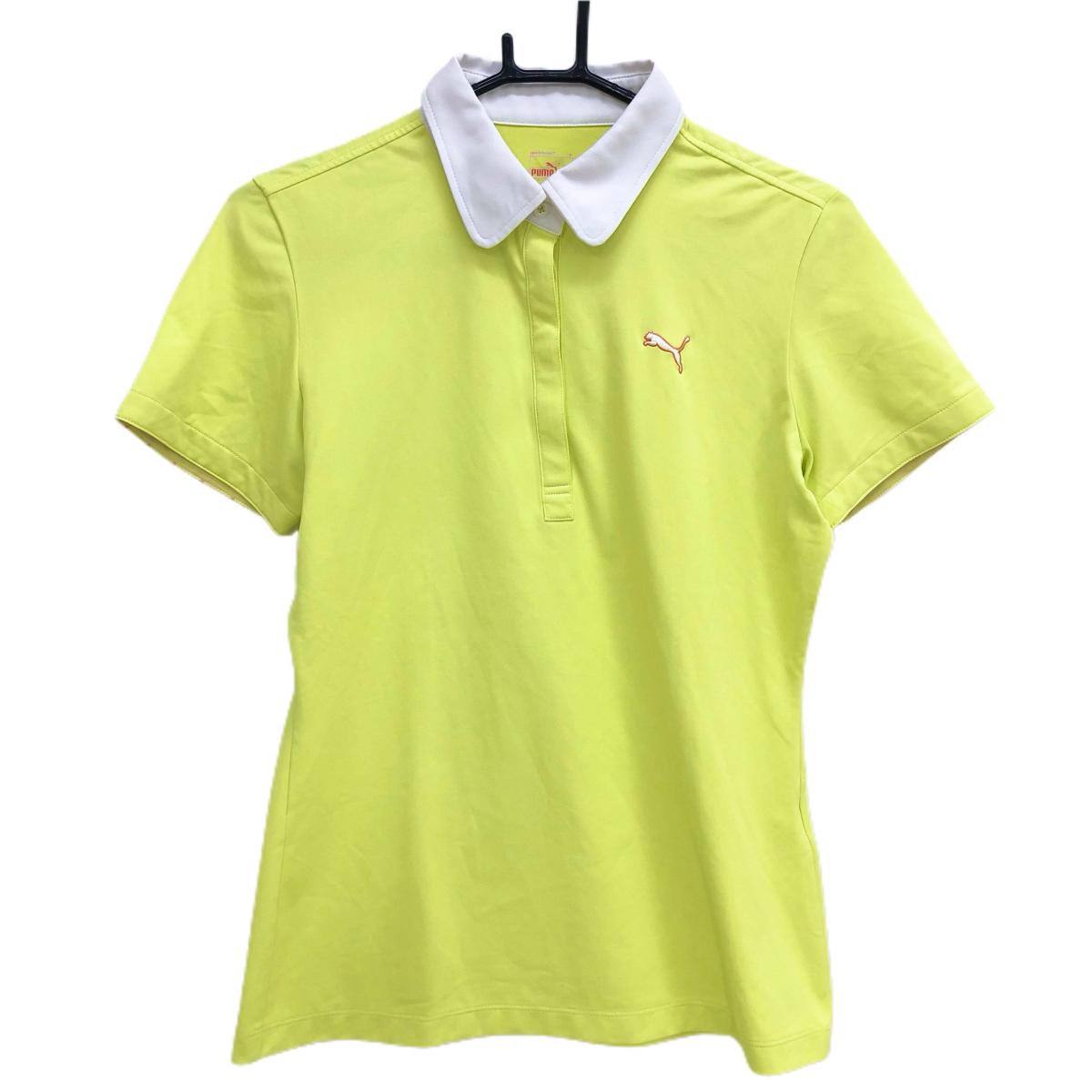 【美品】プーマ 半袖ポロシャツ イエロー×白 袖口内側ドット DRYCELL レディース O(XL) ゴルフウェア PUMA