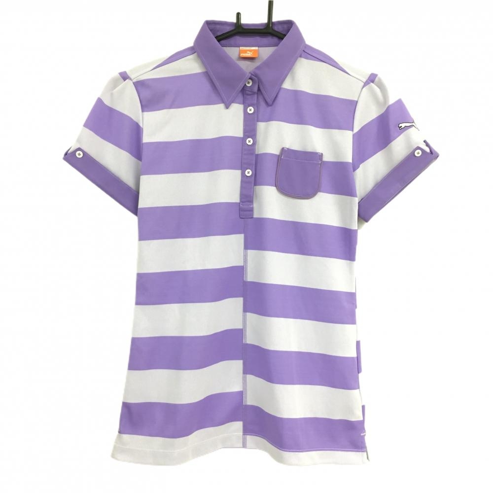 【美品】プーマ 半袖ポロシャツ パープル×白 ボーダー 胸ポケット レディース O(XL) ゴルフウェア PUMA