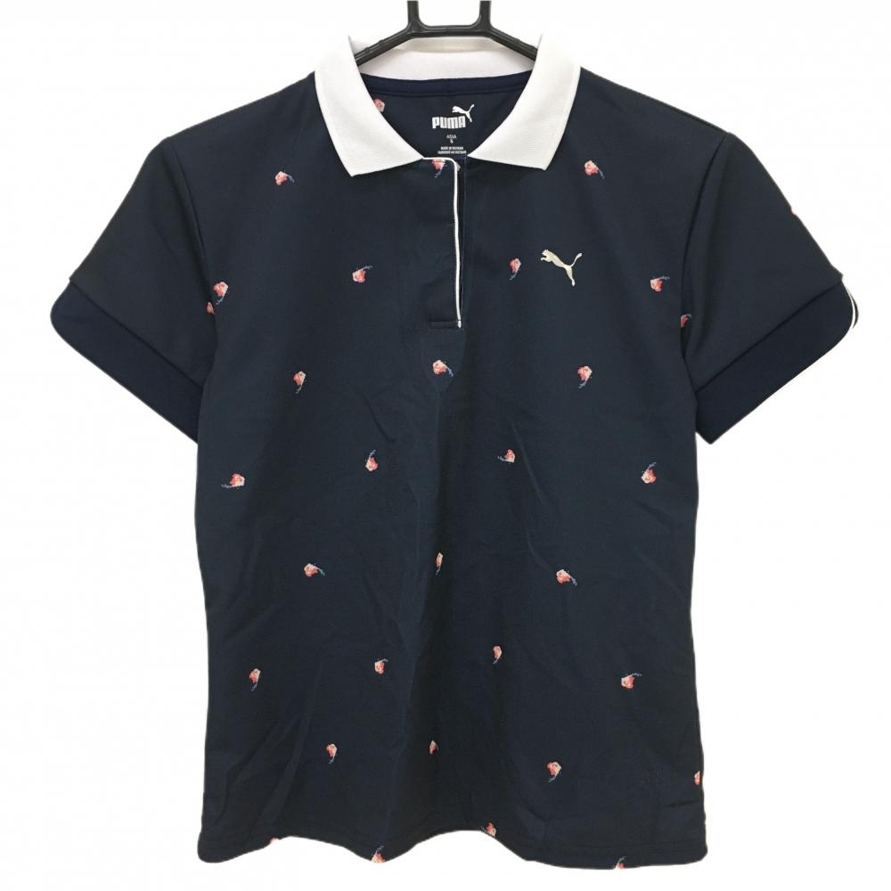 【美品】プーマ 半袖ポロシャツ ネイビー×ピンク 総柄 襟白 レディース S ゴルフウェア PUMA