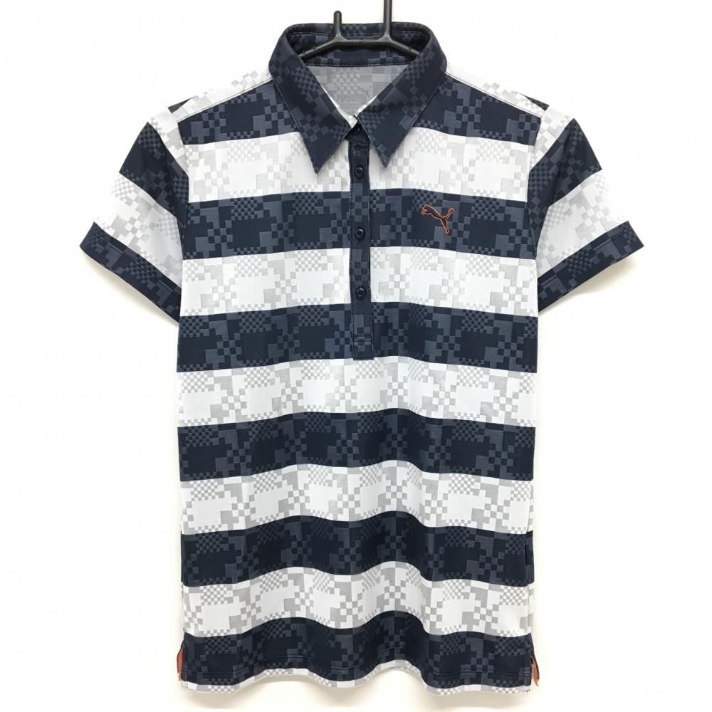 【超美品】プーマ 半袖ポロシャツ ネイビー×ライトグレー ボーダー 総柄地模様 ロゴ刺しゅう レディース L ゴルフウェア PUMA