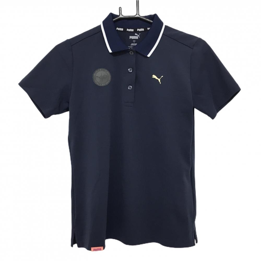 【超美品】プーマ 半袖ポロシャツ ネイビー×白 ロゴゴールド  レディース L ゴルフウェア PUMA