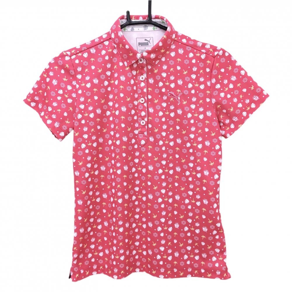 【美品】プーマ 半袖ポロシャツ レッド系×白×イエロー リーフ柄×ヤシの木柄 レディース M ゴルフウェア PUMA