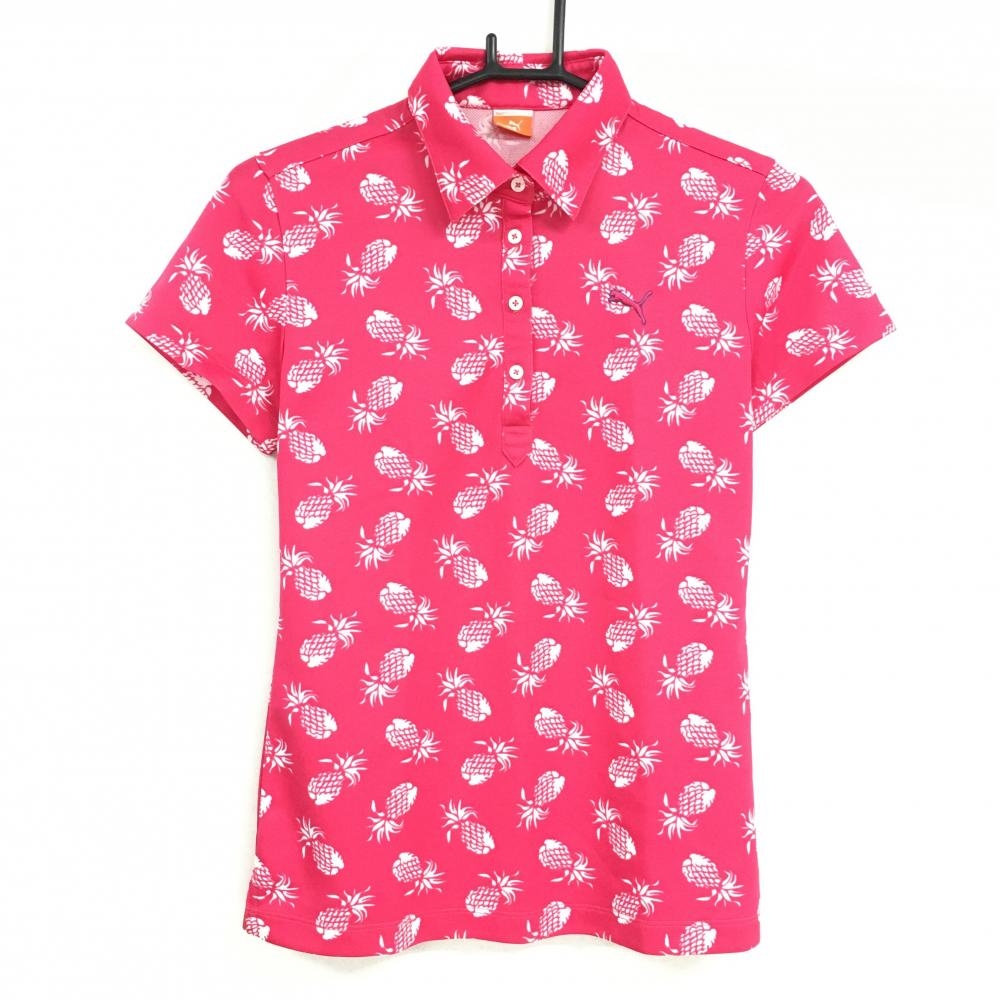 【美品】プーマ 半袖ポロシャツ ピンク×白 パイナップル柄 レディース L ゴルフウェア PUMA