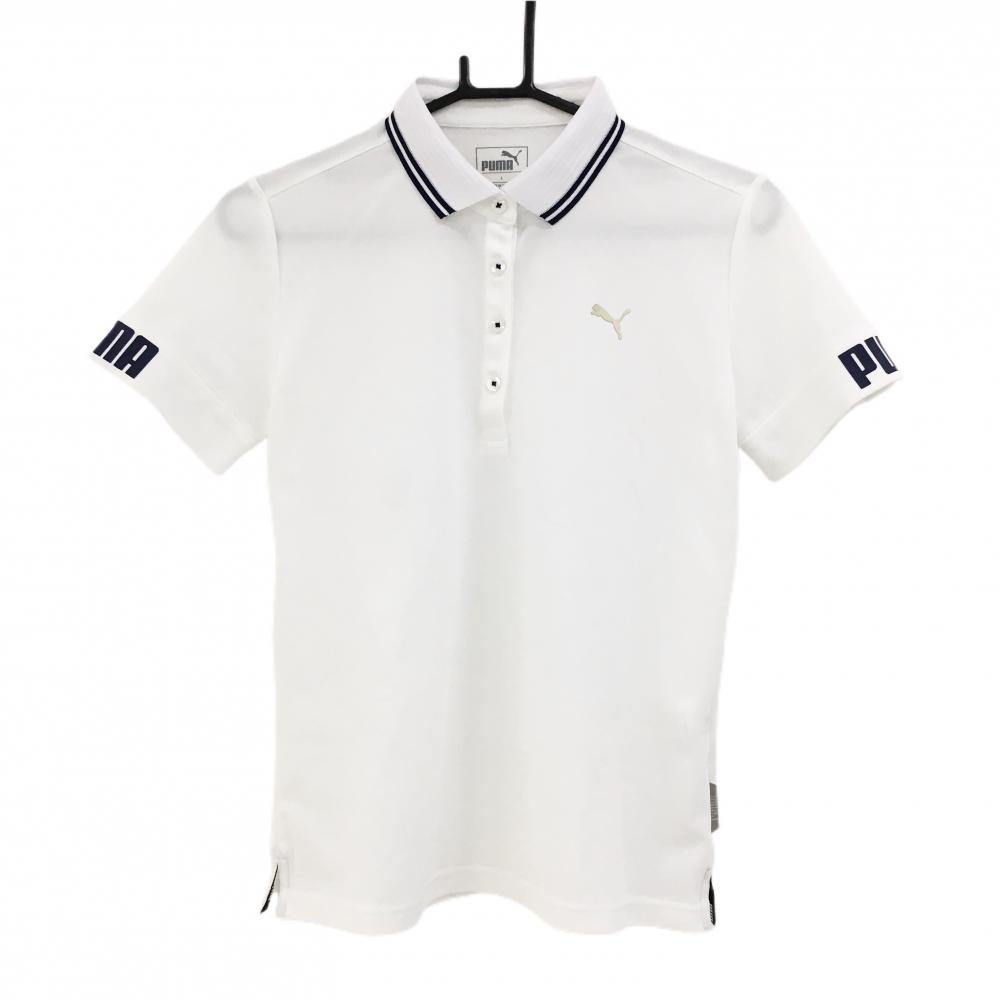 【超美品】プーマ 半袖ポロシャツ 白×ネイビー DRYCELL 袖口ビッグロゴ レディース L ゴルフウェア PUMA