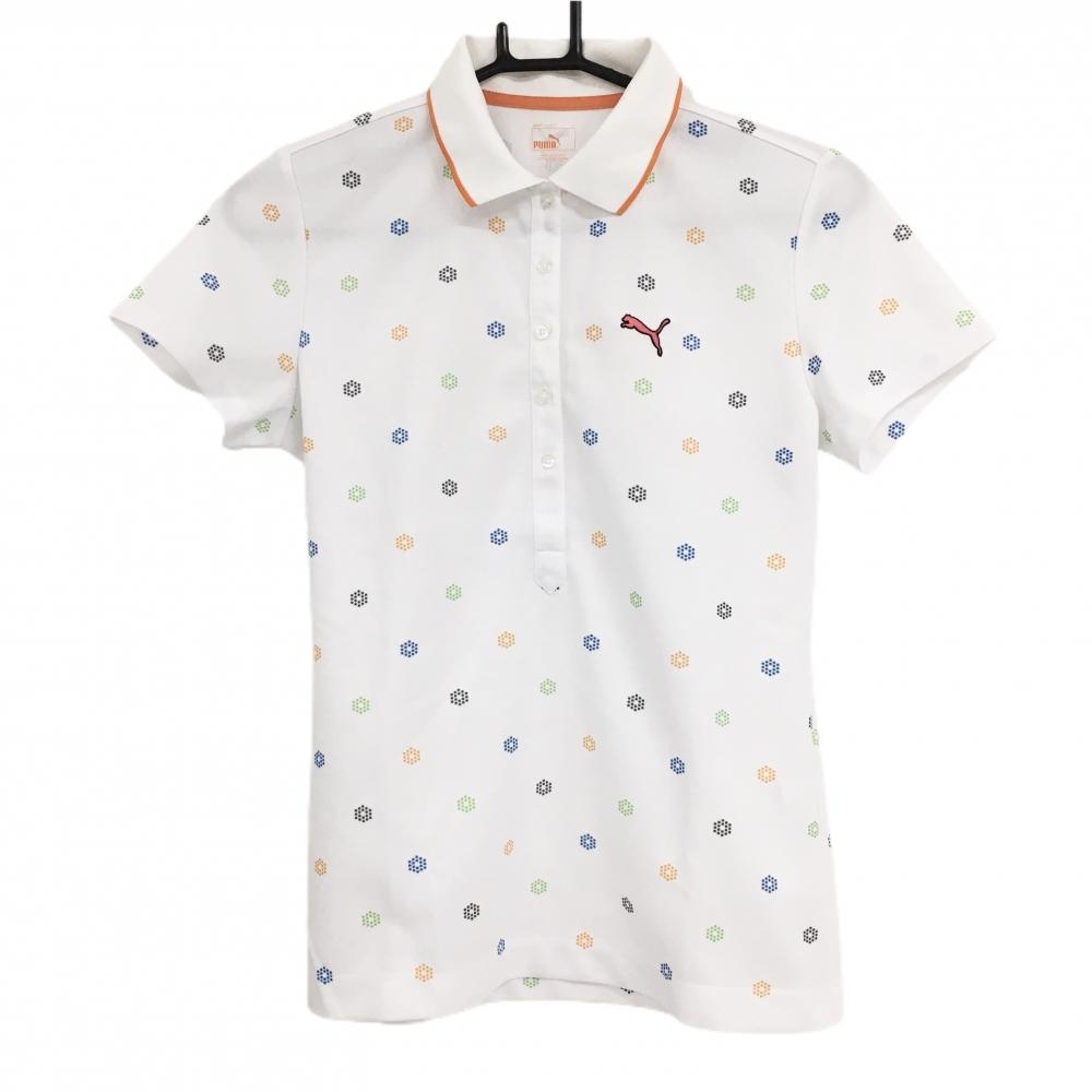 【美品】プーマ 半袖ポロシャツ 白×オレンジ ロゴ総柄 レディース L ゴルフウェア PUMA