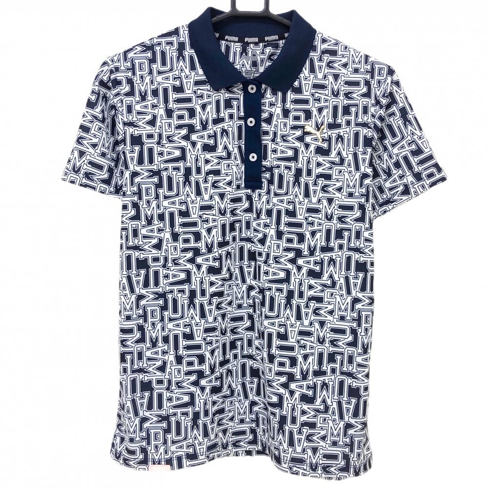 【美品】プーマ 半袖ポロシャツ ネイビー×白 ロゴ総柄  レディース L ゴルフウェア PUMA