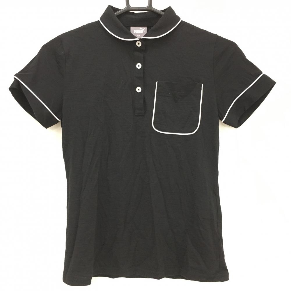【美品】プーマ 半袖ポロシャツ 黒×白 パイピング 胸ポケット レディース S ゴルフウェア PUMA