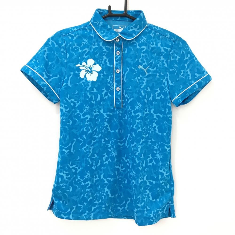 【超美品】プーマ 半袖ポロシャツ ライトブルー 花柄地模様 ハイビスカス レディース L ゴルフウェア PUMA