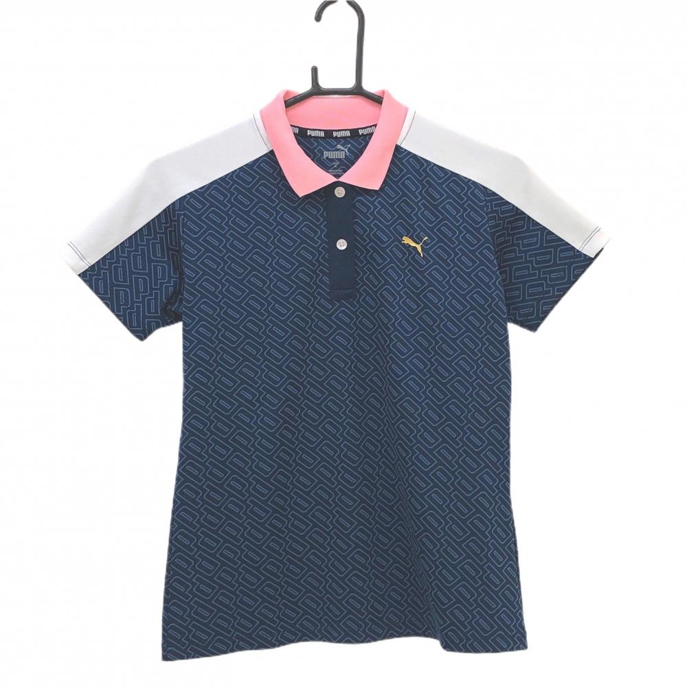【超美品】プーマ 半袖ポロシャツ ネイビー ロゴ総柄 襟ピンク レディース M ゴルフウェア PUMA