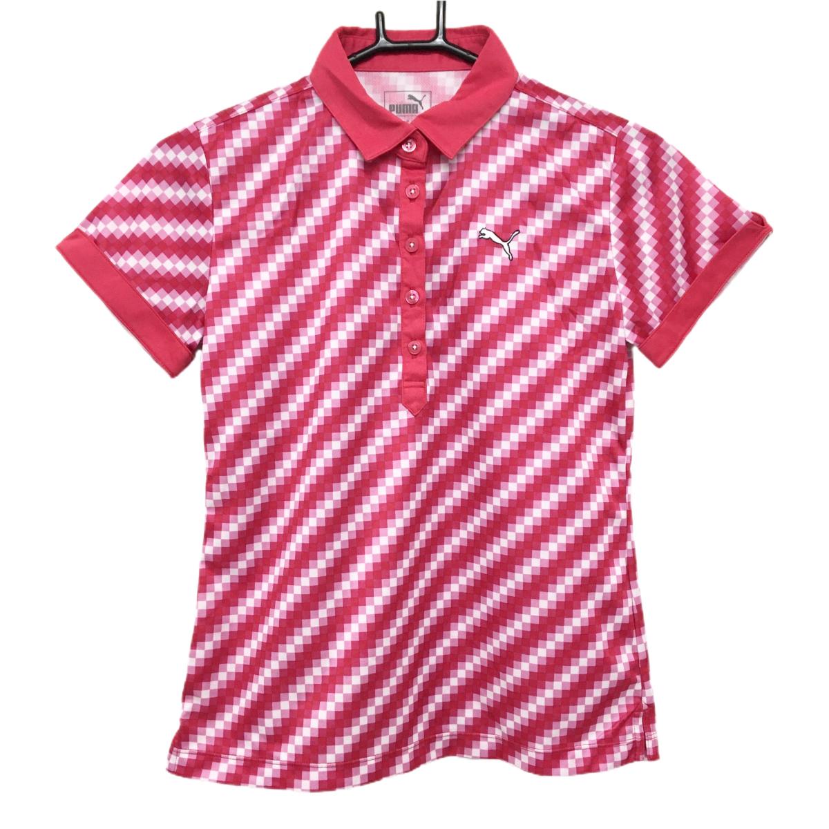 【超美品】プーマ 半袖ポロシャツ レッドピンク×白 モザイク調総柄 ロゴ レディース M ゴルフウェア PUMA