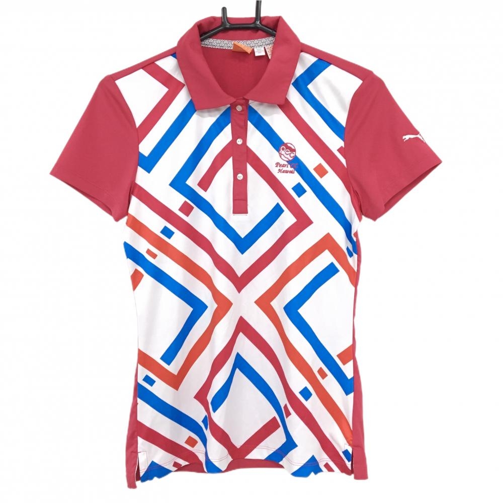 【美品】プーマ 半袖ポロシャツ 白×レッド系 前面総柄 DRY CELL PealCC Hawaii  レディース US-XS ゴルフウェア PUMA