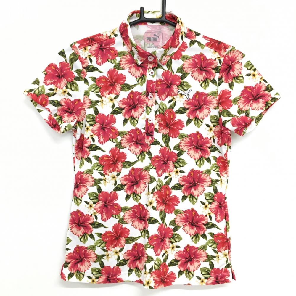 【超美品】プーマ 半袖ポロシャツ 白×レッドピンク系×カーキ 花柄 ハイビスカス ボタンダウン レディース M ゴルフウェア PUMA