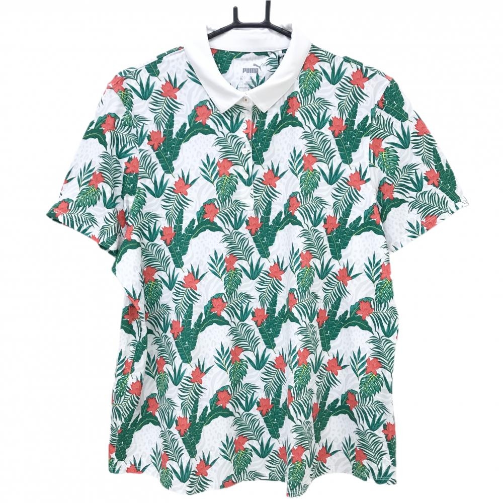 【新品】プーマ 半袖ポロシャツ グリーン×白 総柄 リーフ 花 レディース  ゴルフウェア PUMA