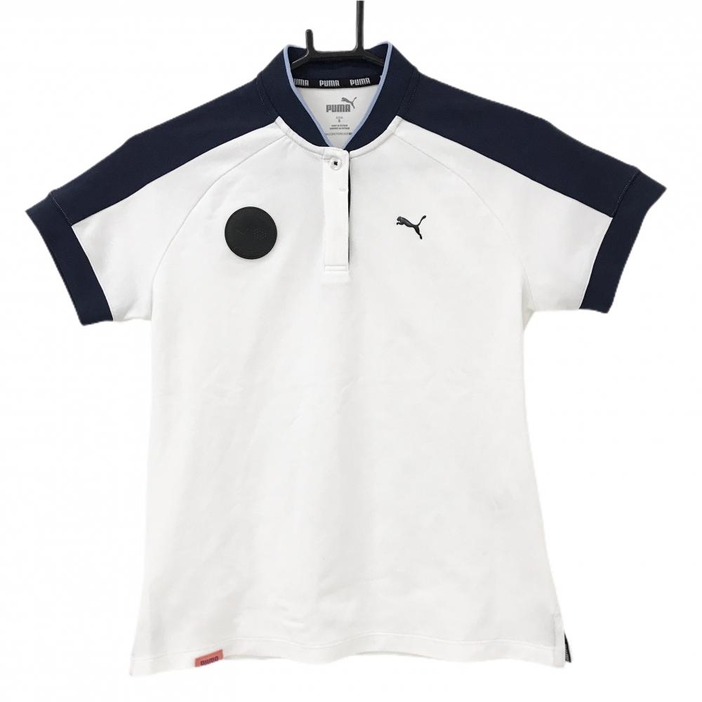 【超美品】プーマ 半袖ポロシャツ 白×ネイビー スタンドカラー 胸元ロゴ レディース S ゴルフウェア PUMA