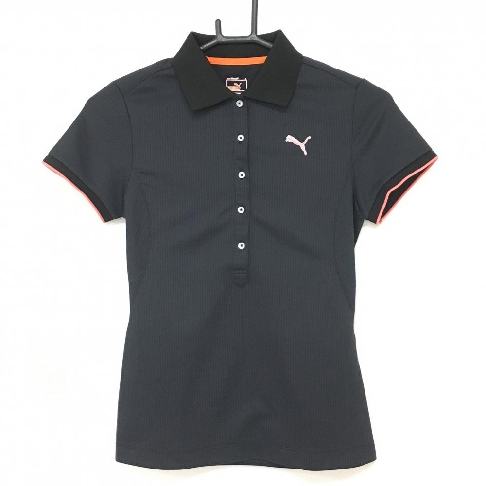 【超美品】プーマ 半袖ポロシャツ 黒 細ストライプ ロゴライトピンク レディース S ゴルフウェア PUMA