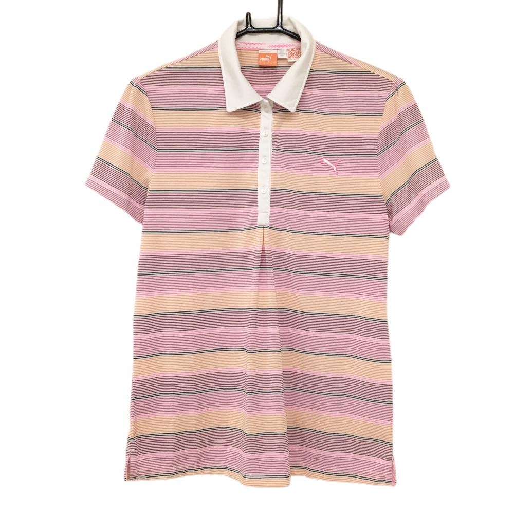 【超美品】プーマ 半袖ポロシャツ ピンク×オレンジ ボーダー  レディース US-L ゴルフウェア PUMA
