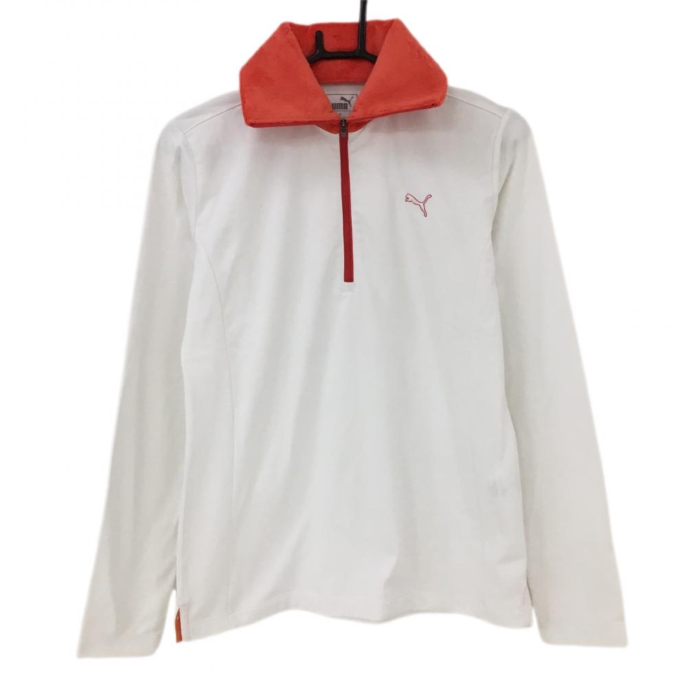 【超美品】プーマ 長袖ポロシャツ 白×レッド 襟フリース ハーフジップ レディース O ゴルフウェア PUMA