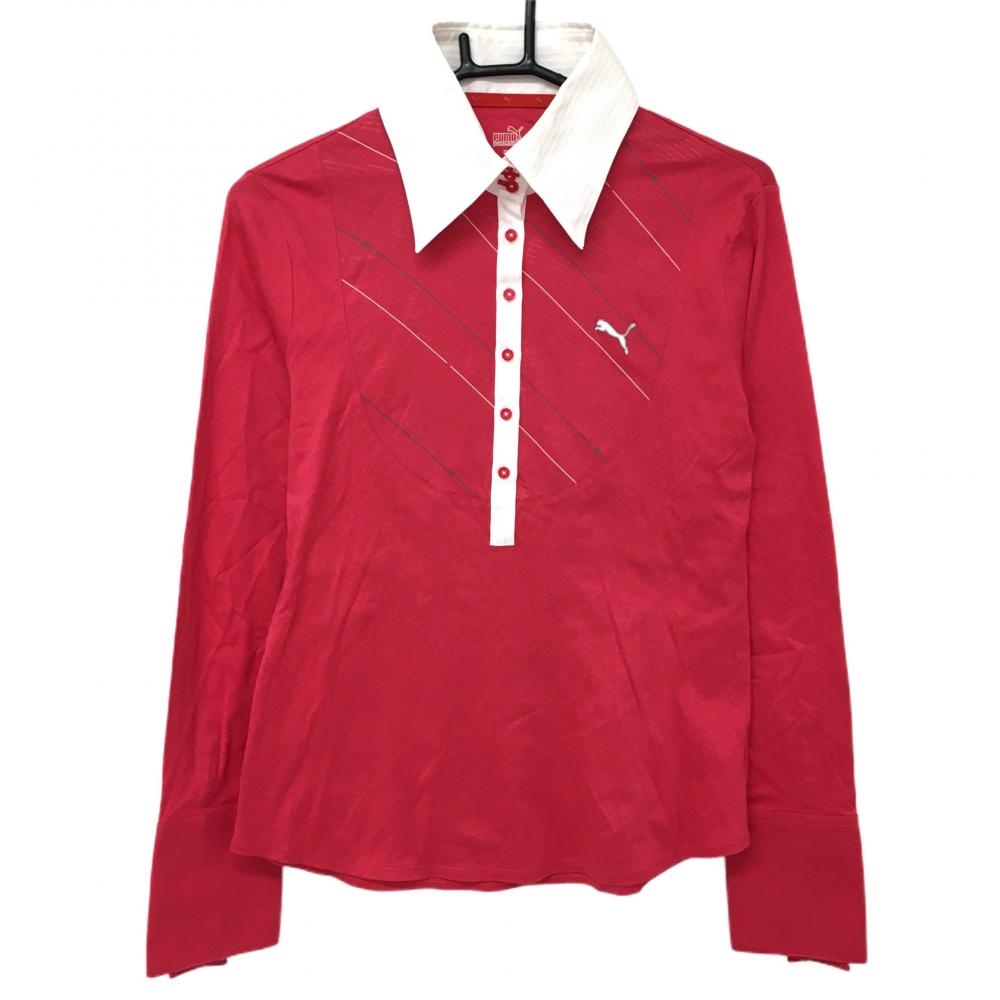 【超美品】プーマ 長袖ポロシャツ ピンク×白 一部斜めボーダー ロゴ刺しゅう レディース O ゴルフウェア PUMA