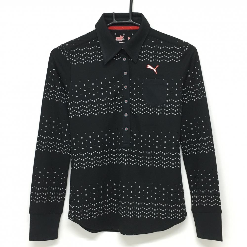 プーマ 長袖ポロシャツ 黒×ライトグレー ドット柄 ロゴ刺しゅう レディース M ゴルフウェア PUMA