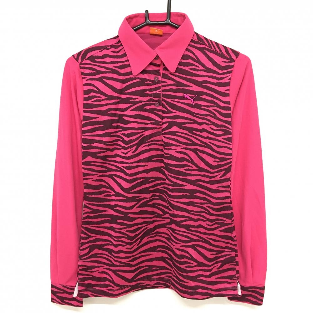 【超美品】プーマ 長袖ポロシャツ ピンク×黒 ゼブラ柄 ロゴ刺しゅう レディース L ゴルフウェア PUMA