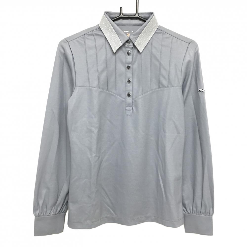 【超美品】プーマ 長袖ポロシャツ グレー 袖ロゴ 襟一部ドット調 レディース L ゴルフウェア PUMA