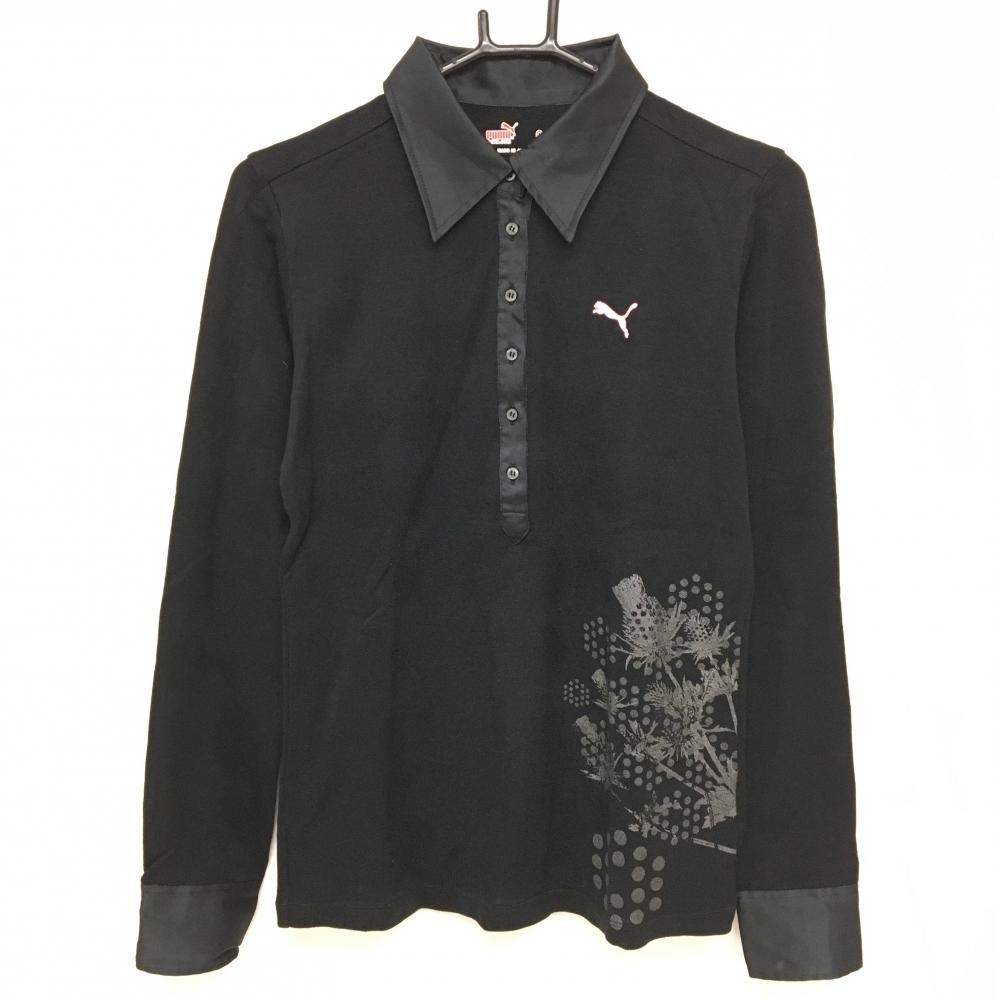 【美品】プーマ 長袖ポロシャツ 黒 柄シルバー 襟・袖口切替 レディース O ゴルフウェア PUMA
