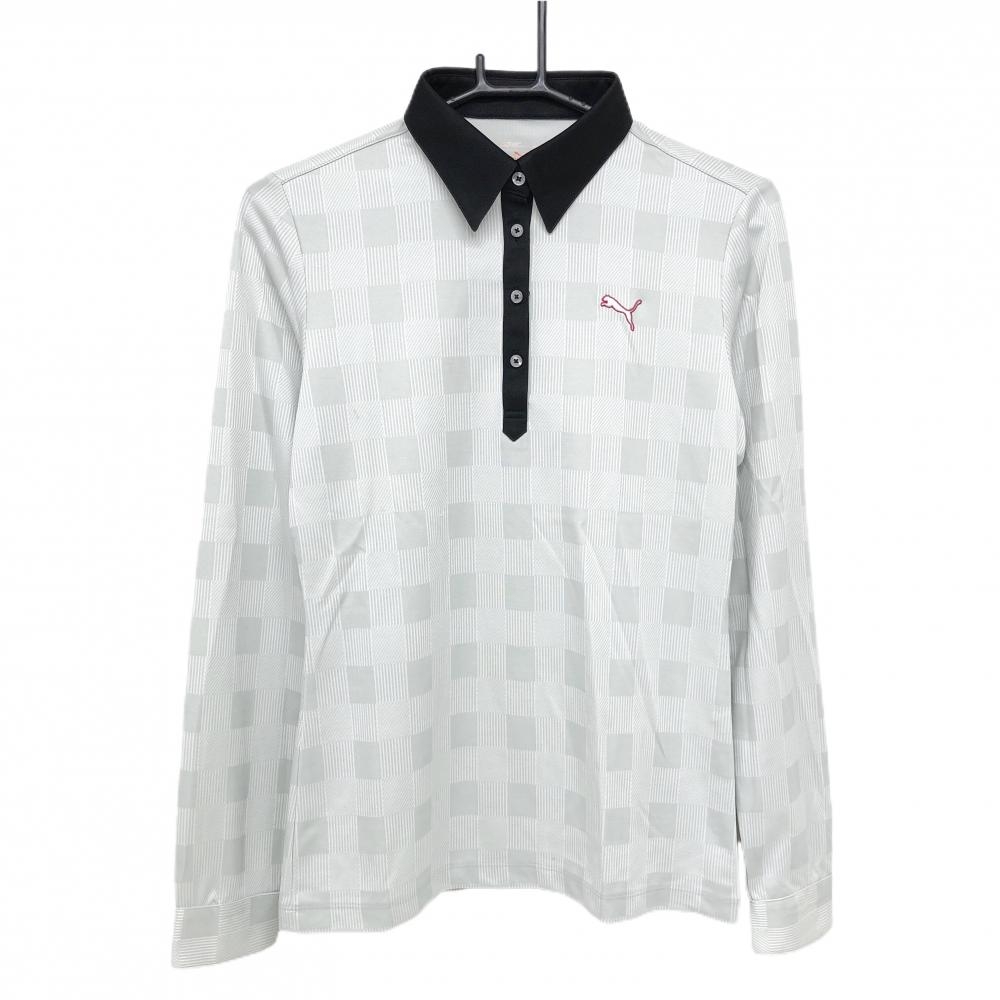 【新品】プーマ 長袖ポロシャツ ライトグレー×白 ブロック柄 DRYCELL レディース O ゴルフウェア PUMA