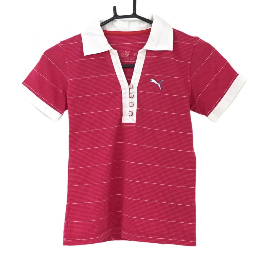 【美品】プーマ 半袖スキッパーシャツ ピンク×白 ボーダー 襟裏ロゴ  レディース M ゴルフウェア PUMA