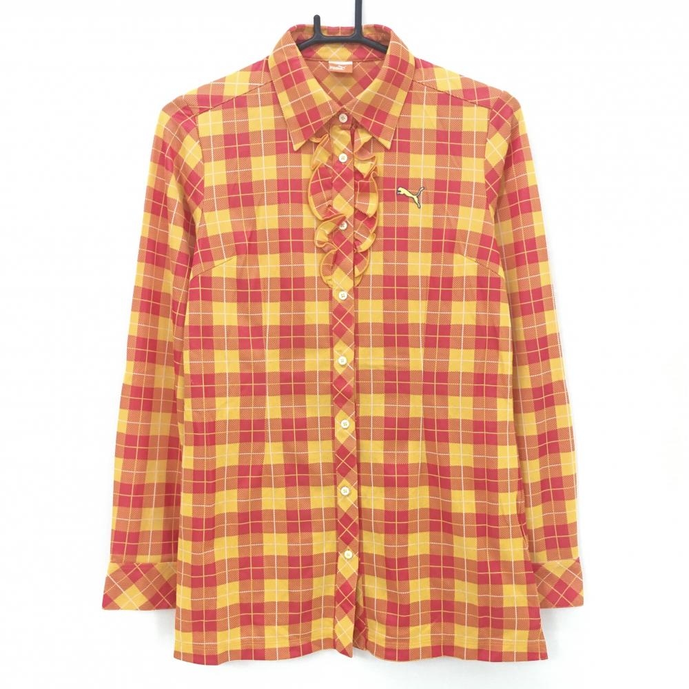 【美品】プーマ 長袖シャツ オレンジ×ピンク チェック柄 フリル ロゴ刺しゅう レディース L ゴルフウェア PUMA