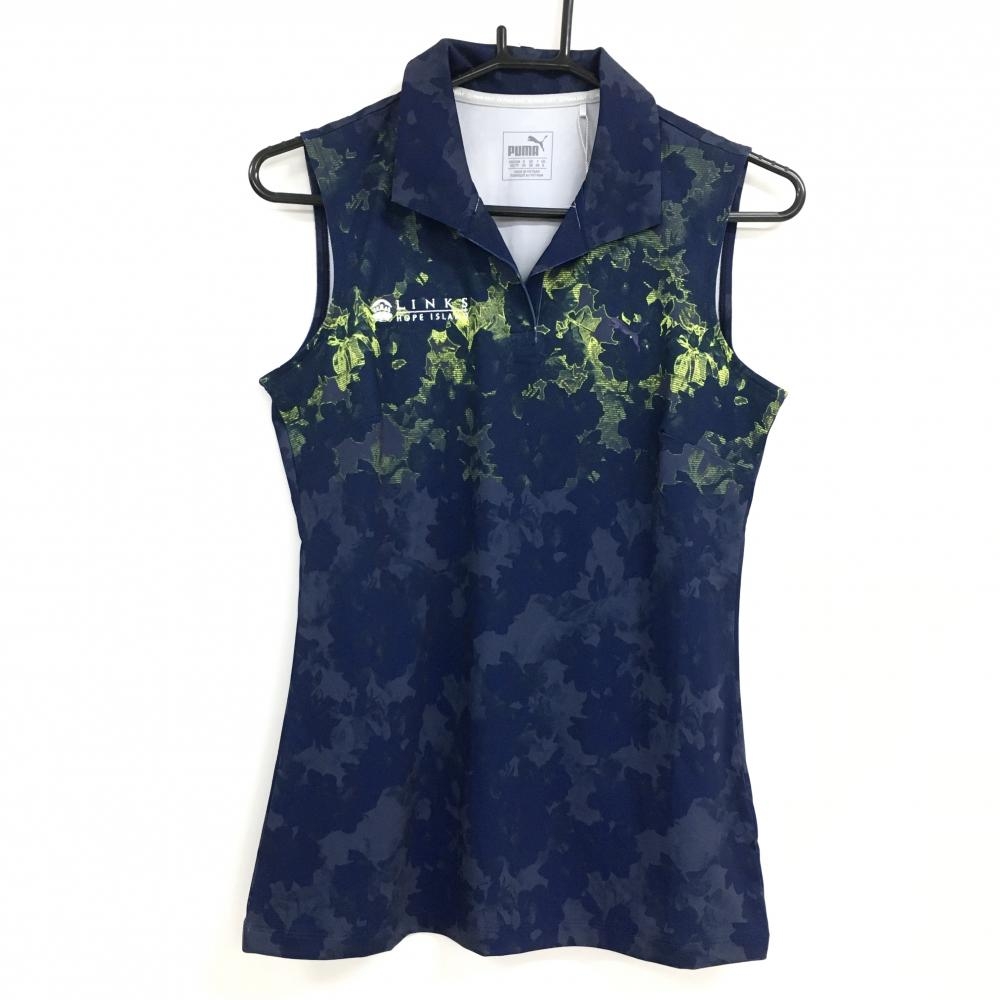 【新品】プーマ ノースリーブスキッパーシャツ ネイビー×イエロー 総柄 DRYCELL LINKS HOPE ISLAND レディース US-XS ゴルフウェア PUMA