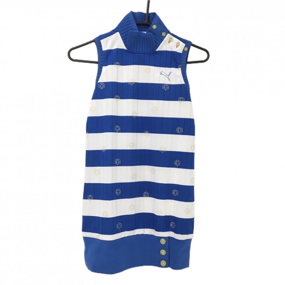 プーマ ノースリーブハイネックシャツ ブルー×白 ボーダー チュニック丈  レディース S ゴルフウェア PUMA