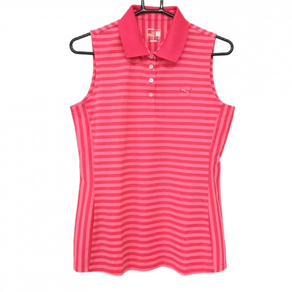 【超美品】プーマ ノースリーブポロシャツ レッドピンク ボーダー ロゴ刺しゅう レディース US-XL ゴルフウェア PUMA