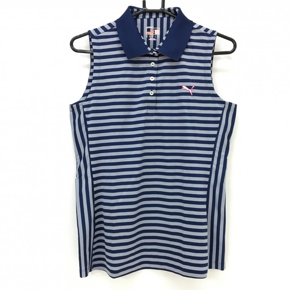 【超美品】プーマ ノースリーブポロシャツ ネイビー×グレー ボーダー ロゴ刺しゅう レディース US-XL ゴルフウェア PUMA