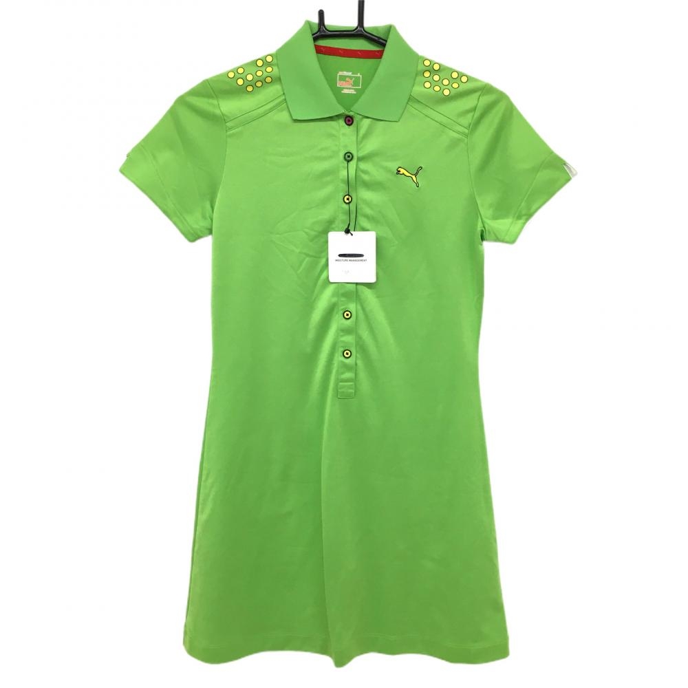 【新品】プーマ 半袖ポロワンピース ライトグリーン×イエロー 肩ドット レディース M ゴルフウェア PUMA