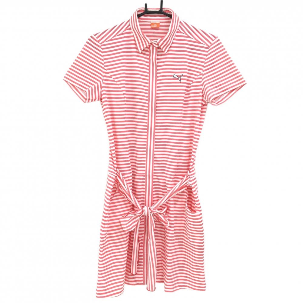 プーマ 半袖ポロワンピース 白×ピンク ボーダー フロントジップ レディース O ゴルフウェア PUMA