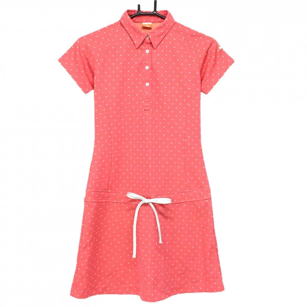 プーマ 半袖ポロワンピース ピンク×イエロー ドット柄 袖ロゴ ウエスト調節紐  レディース M ゴルフウェア PUMA