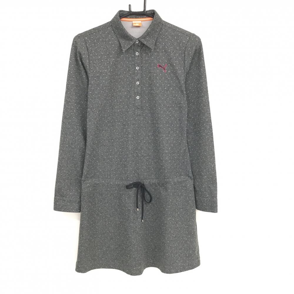 【超美品】プーマ 長袖ポロワンピース 杢グレー×白 ドット柄 ロゴ刺しゅう DRYCELL レディース L ゴルフウェア PUMA