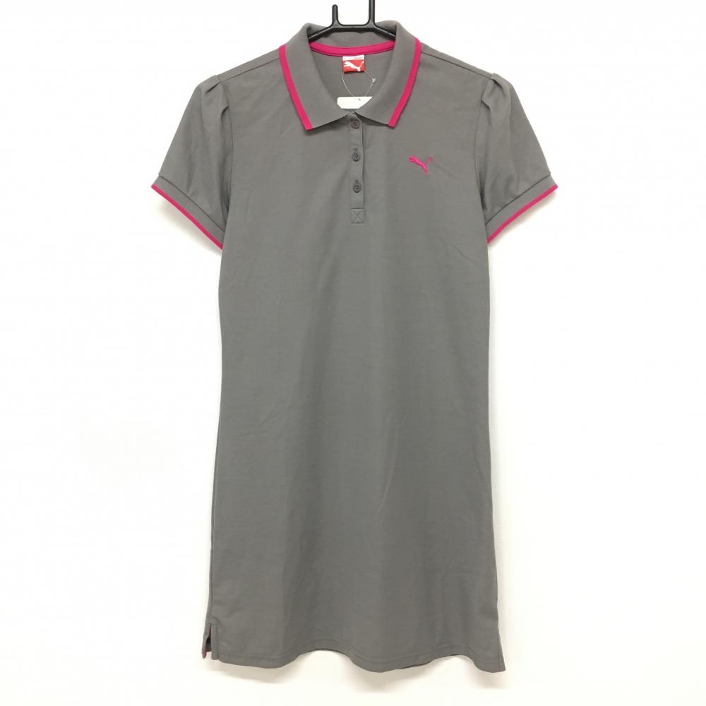 【新品】プーマ 半袖ポロワンピース グレー×ピンク ロゴ刺しゅう 吸汗速乾 UPF30  レディース L ゴルフウェア PUMA