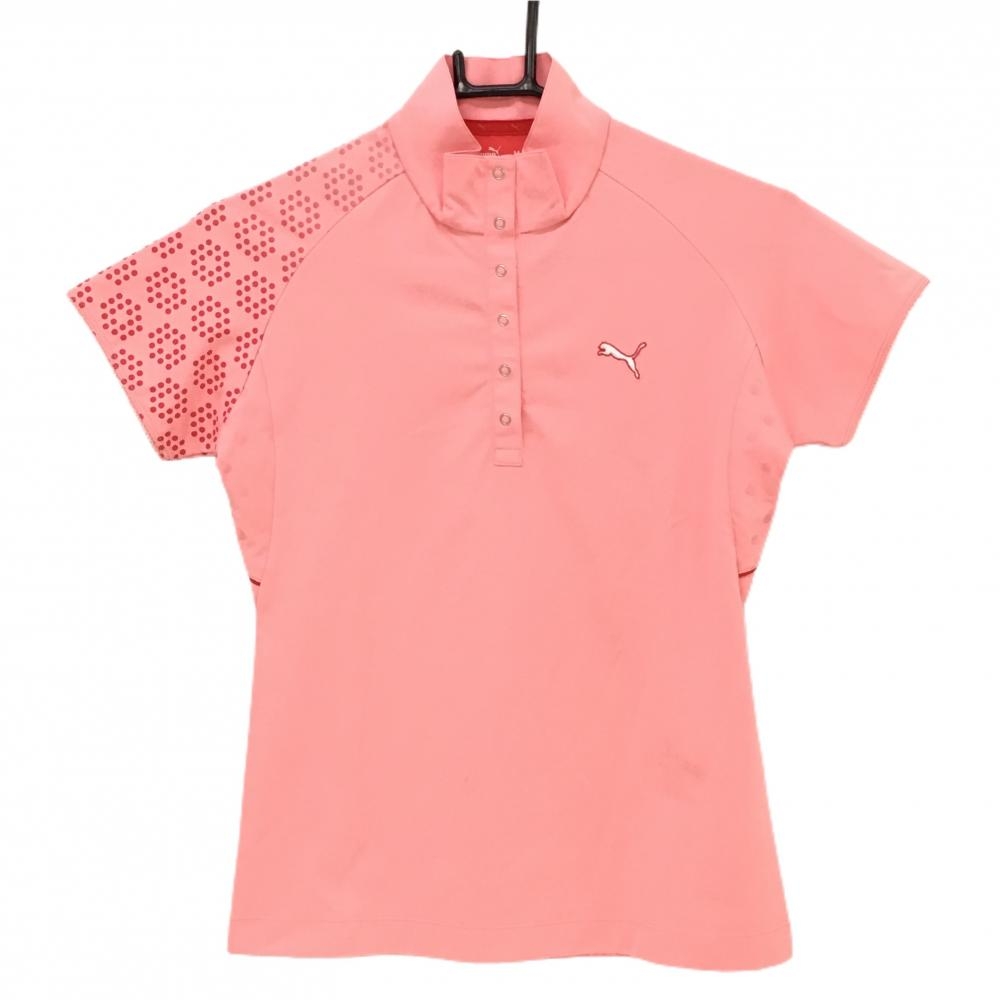 【美品】プーマ 半袖ハイネックシャツ ピンク×レッド 一部ドット スナップボタン  レディース M ゴルフウェア PUMA