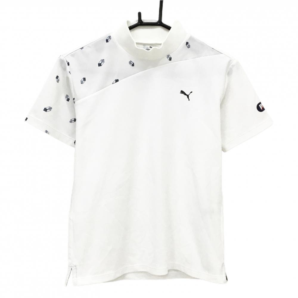 【美品】プーマ 半袖ハイネックシャツ 白×ネイビー 右袖ロゴ柄 レディース L ゴルフウェア PUMA