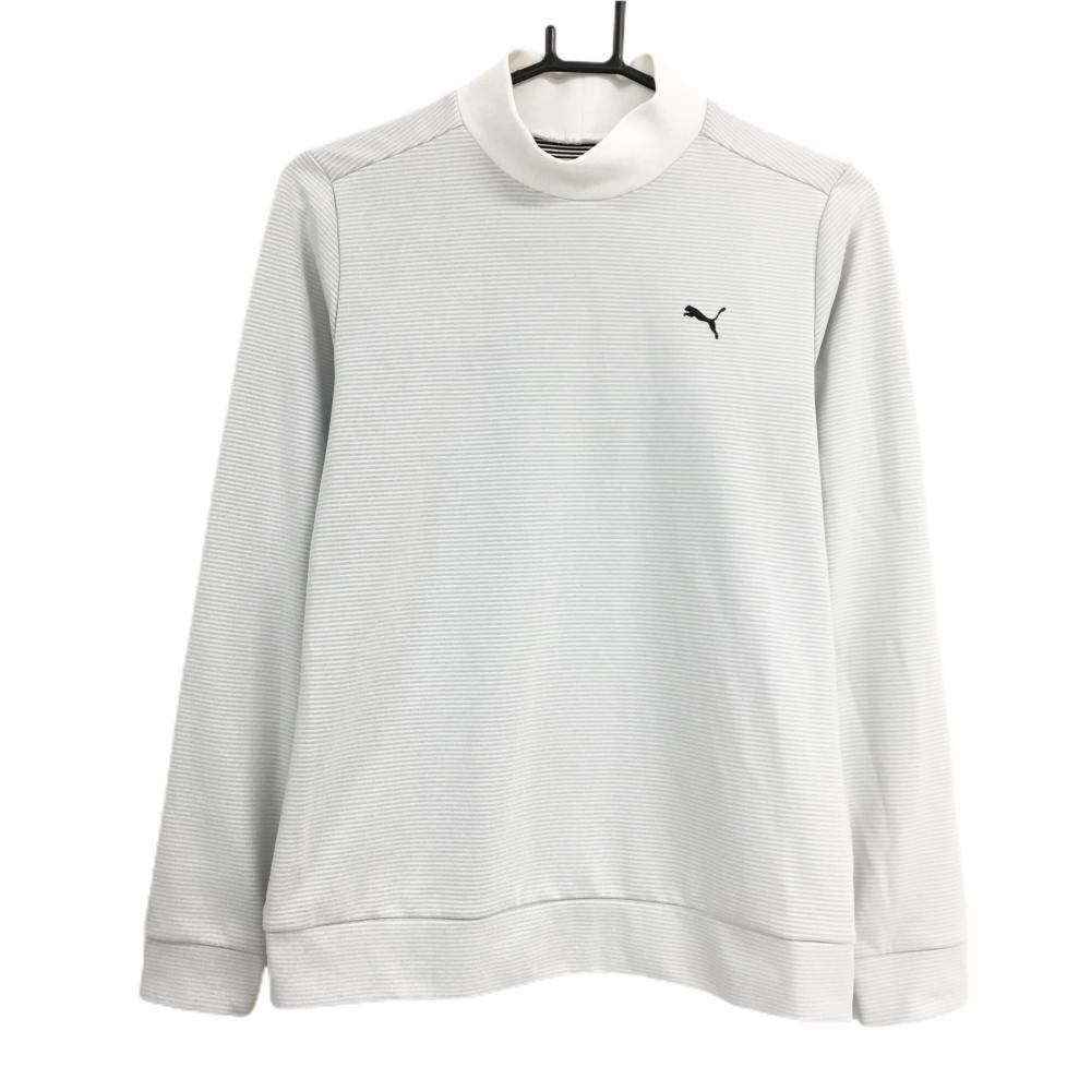 【美品】プーマ 長袖ハイネックシャツ ライトグレー×白 ボーダー レディース L ゴルフウェア PUMA