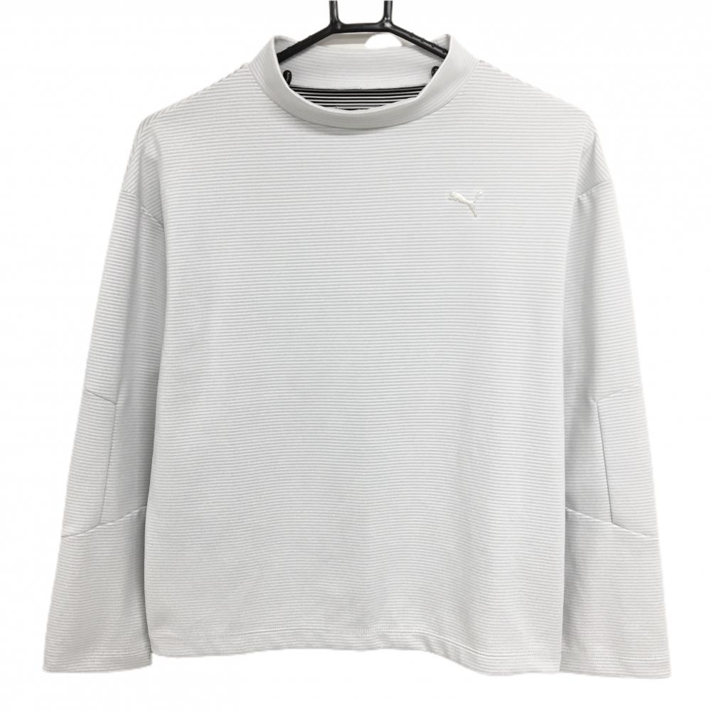 【超美品】プーマ 長袖ハイネックシャツ 白×ライトグレー ボーダー柄 胸元ロゴ レディース S ゴルフウェア PUMA