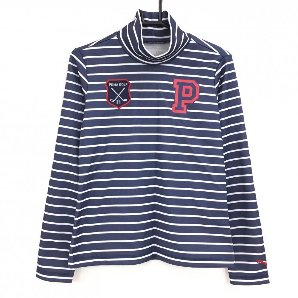 【超美品】プーマ 長袖ハイネックシャツ ネイビー×白 ボーダー 袖ロゴ刺しゅう レディース L ゴルフウェア PUMA