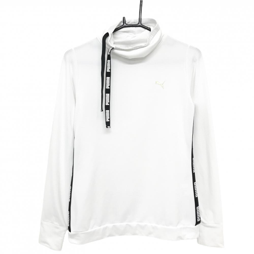 【美品】プーマ 長袖ハイネックシャツ 白×黒 ボーダー地模様 裏微起毛 サイドロゴライン ネック調節紐 レディース M ゴルフウェア PUMA
